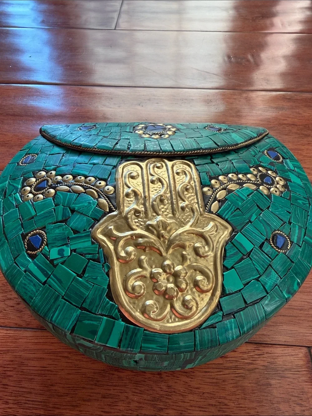 Ramla Green Mosaic Clutch with Gold Hamsa Accent Moroccan